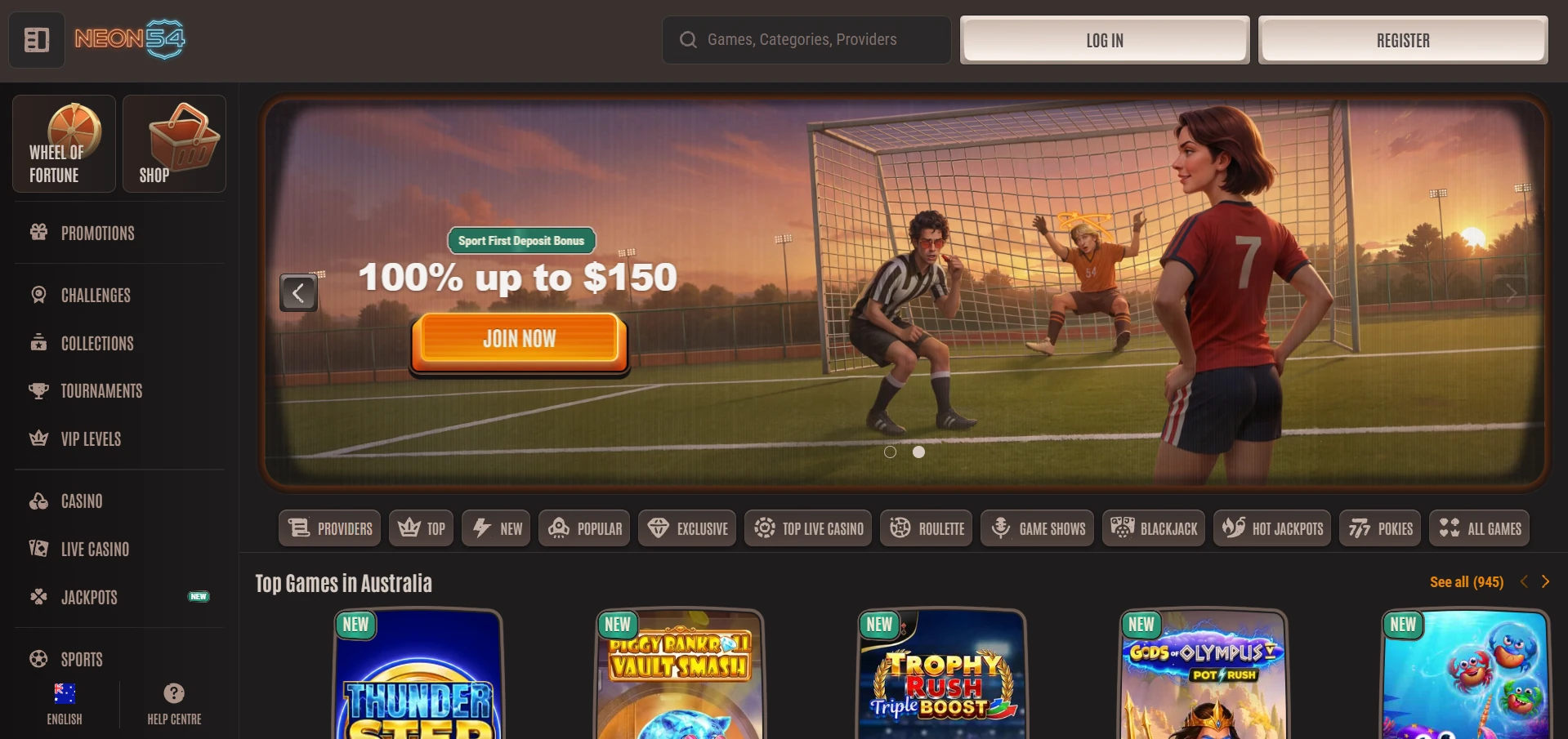 Neon54 casino home page screenshot