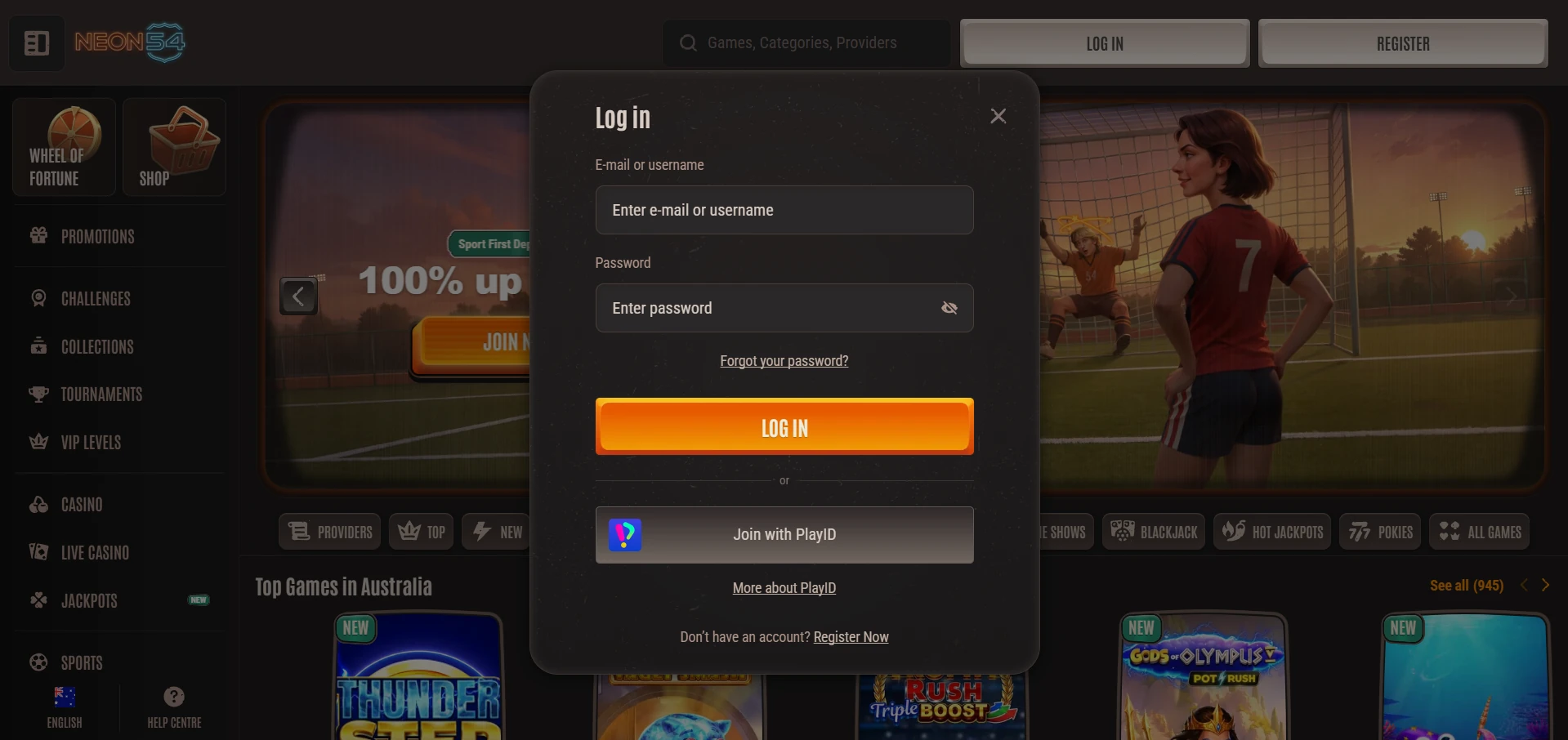 Neon54 casino login form