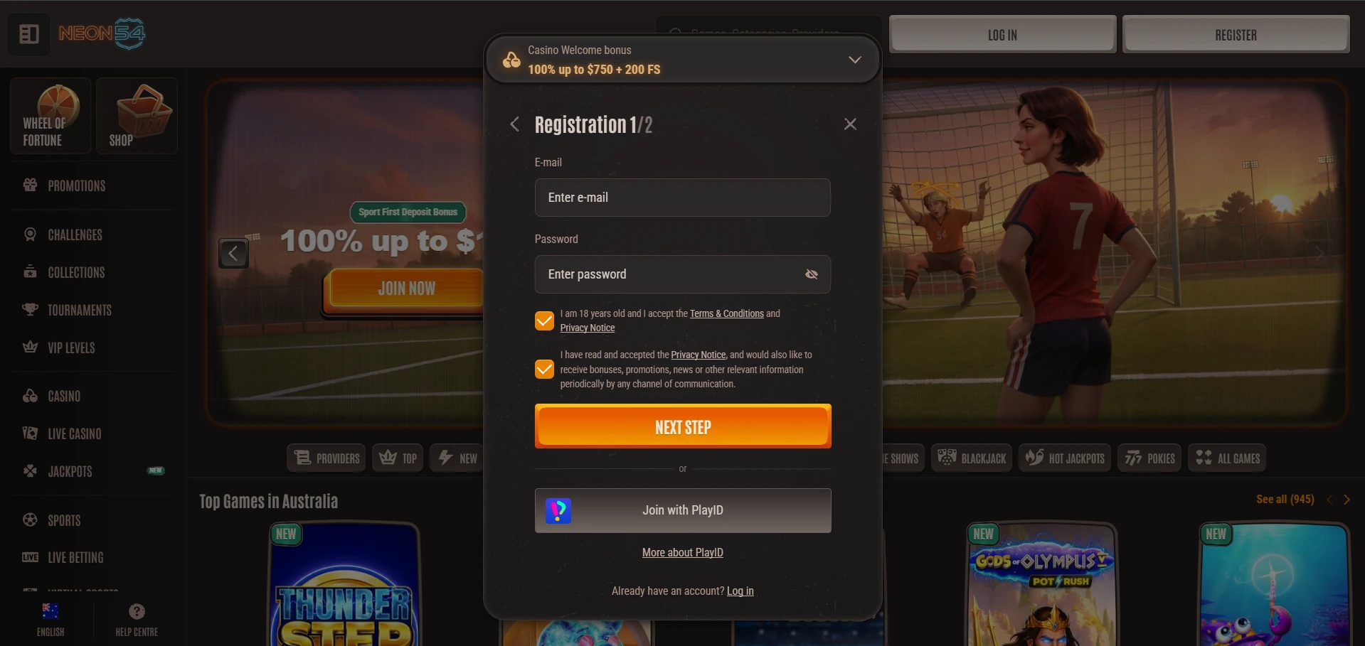Neon54 casino registration form